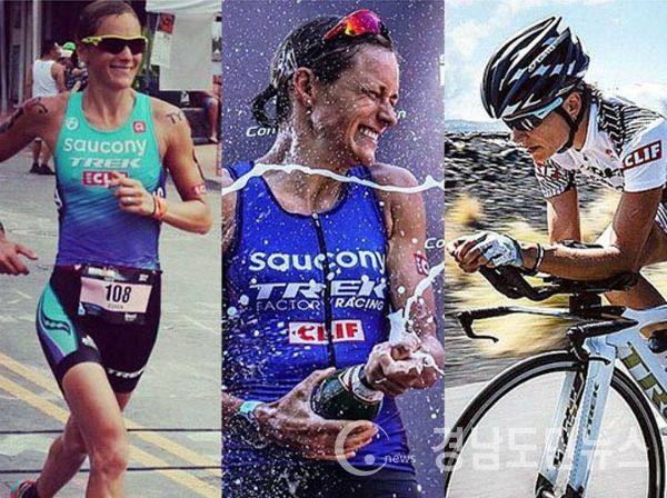 철인 3종경기 후 우숭자에게 축하 삼페인을 터트리고 있는 장면