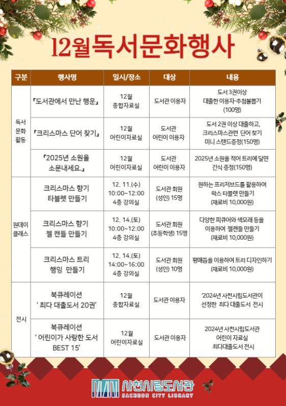 사천시립도서관, “12월 독서문화 행사 마련”