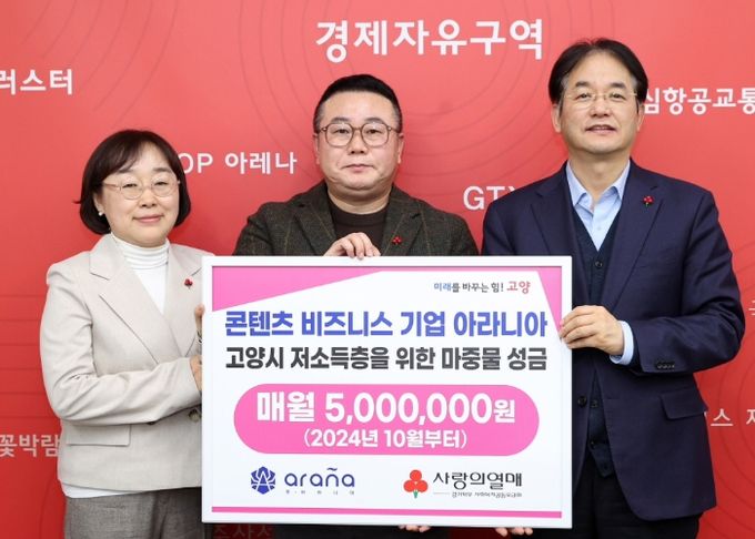 콘텐츠 비즈니스 기업 아라니아 마중물 성금 전달식 기념촬영
