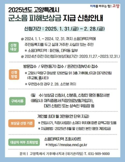 2025년도 고양특례시 군소음 피해보상금 지급 신청 안내문
