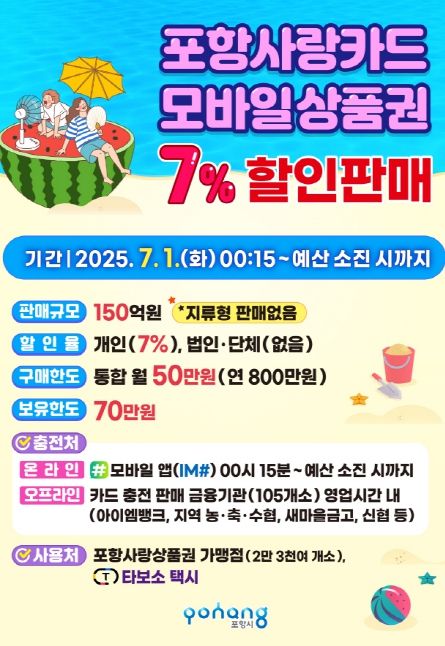 7월 포항사랑상품권 7% 할인 판매 홍보물.