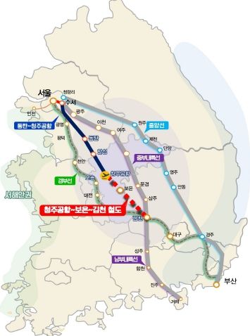 청주공항~김천 철도 건설 노선도