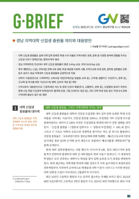 “경남 지역대학 신입생 충원율 의미와 대응방안” 브리프