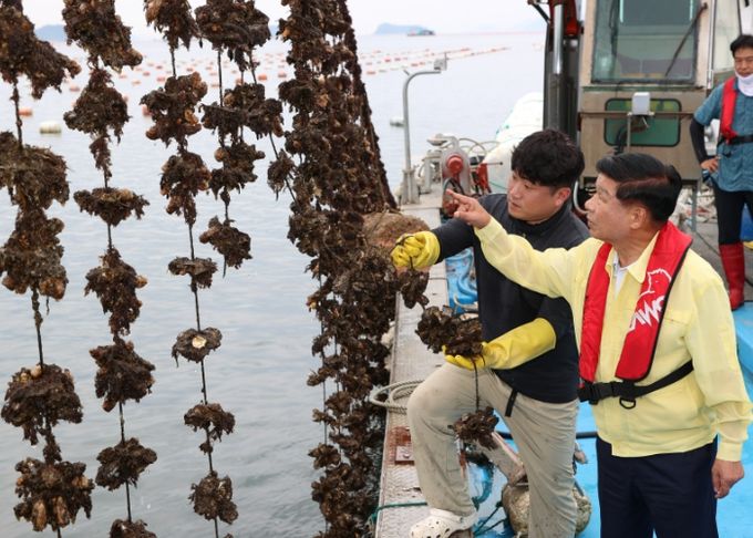 이상근 고성군수, 산소부족 물덩어리 발생에 따른 굴·가리비 피해 양식장 현장 방문