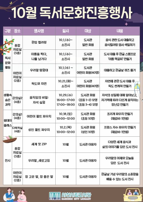 사천시립도서관, 2025년 10월 독서문화행사 개최