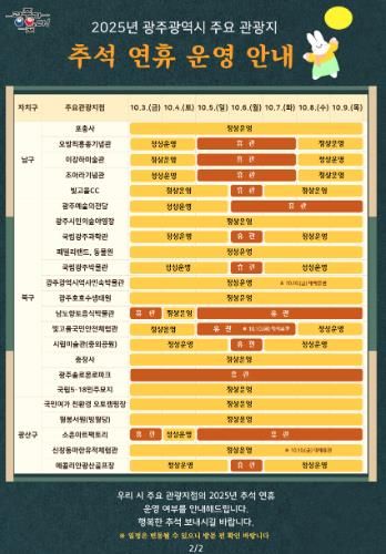 추석 연휴 광주 주요 관광지 운영 안내.