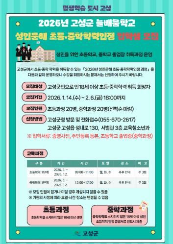 고성군, 성인문해 초등·중학 학력 인정과정 입학생 모집