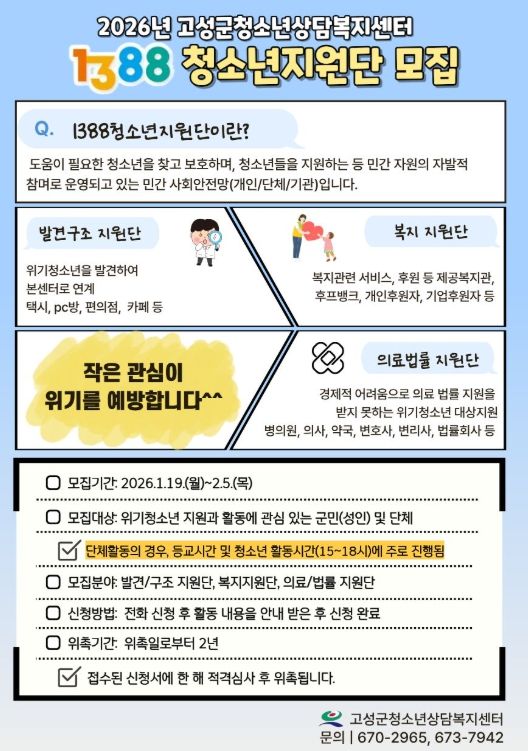 고성군청소년상담복지센터 1388청소년지원단 모집