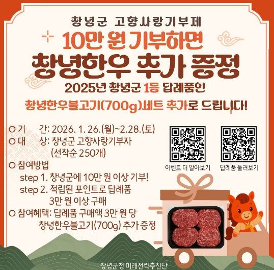 창녕군, 고향사랑기부제 설 맞이 ‘창녕한우 추가 증정 이벤트’