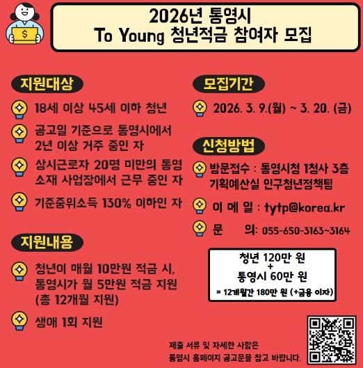 통영시, 청년적금 50% 보너스...월 5만 원 파격 지원